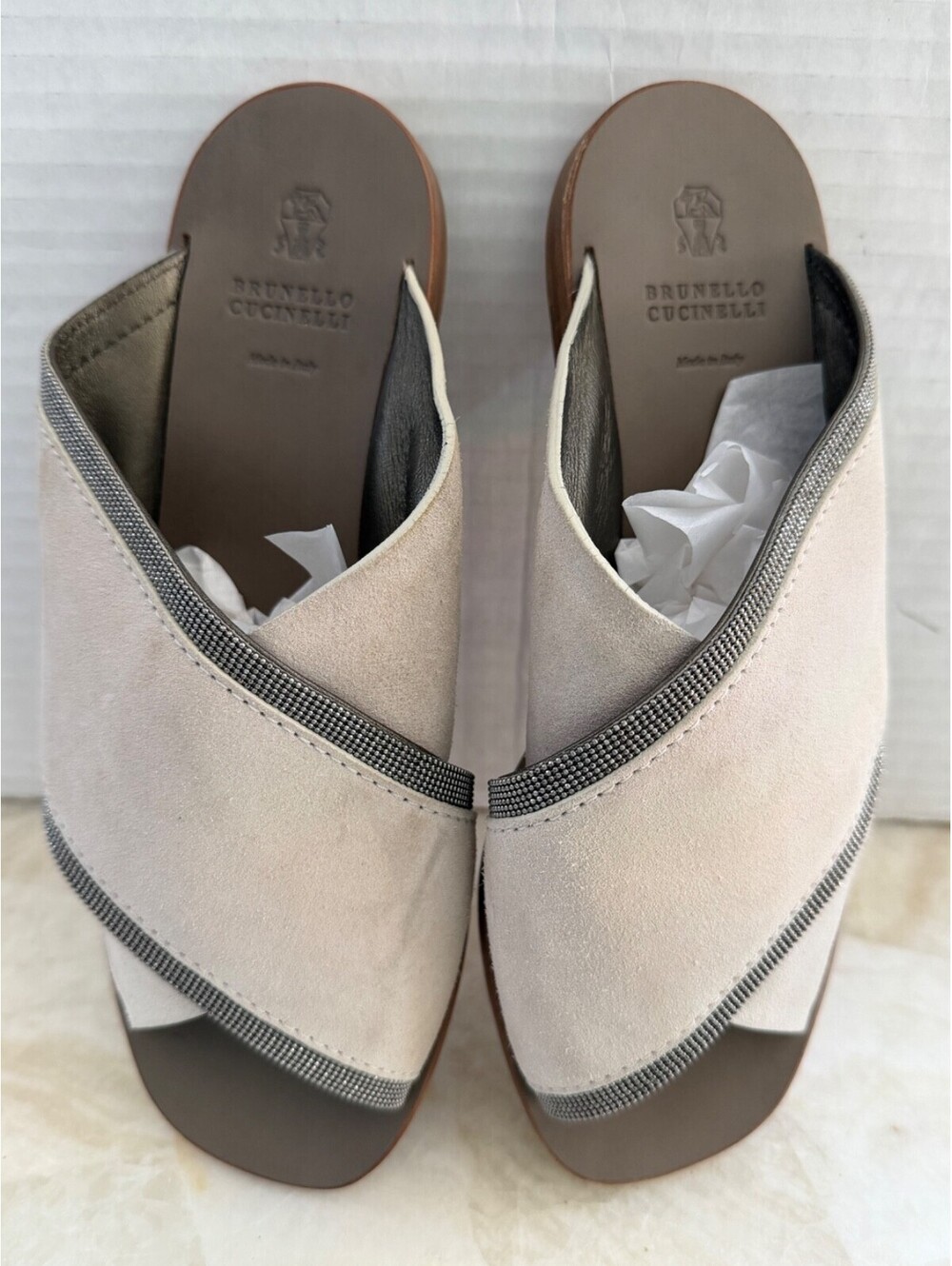 Brunello Cucinelli Suede Monili Beaded Crisscross Slide Sandals Beige Taupe 38.5 - Picture 8 of 14